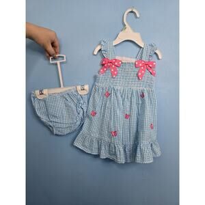Rare Editions Aqua Check Seersucker Pink Butterfly Dress & Bloomers 12 Months
